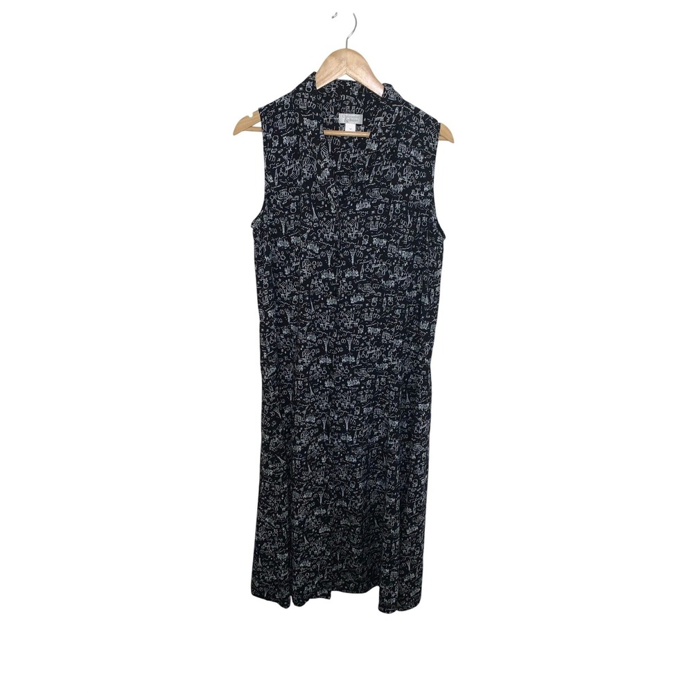 Vtg‎ Christopher & Banks Paris Print Sleeveless Midi Dress Black White Sz 16